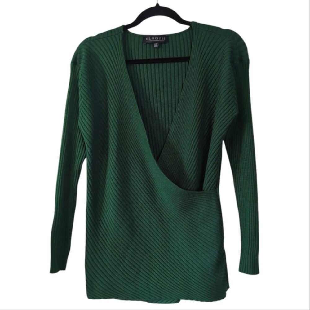 Eloquii Quiet Luxury Plisse Surplice Ribbed Stretch Emerald Green Sweater 14/16